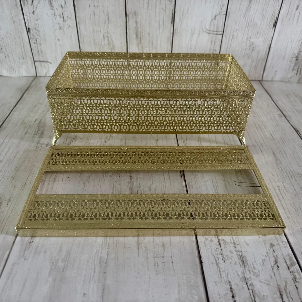 Vintage Gold Filigree Tissue Box Cover Hollywood Regency Metal Footed Ornate MCM